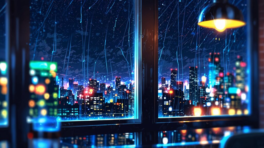 the-nihon-sangoku-motoneta-city-lights-blurred-through-rain