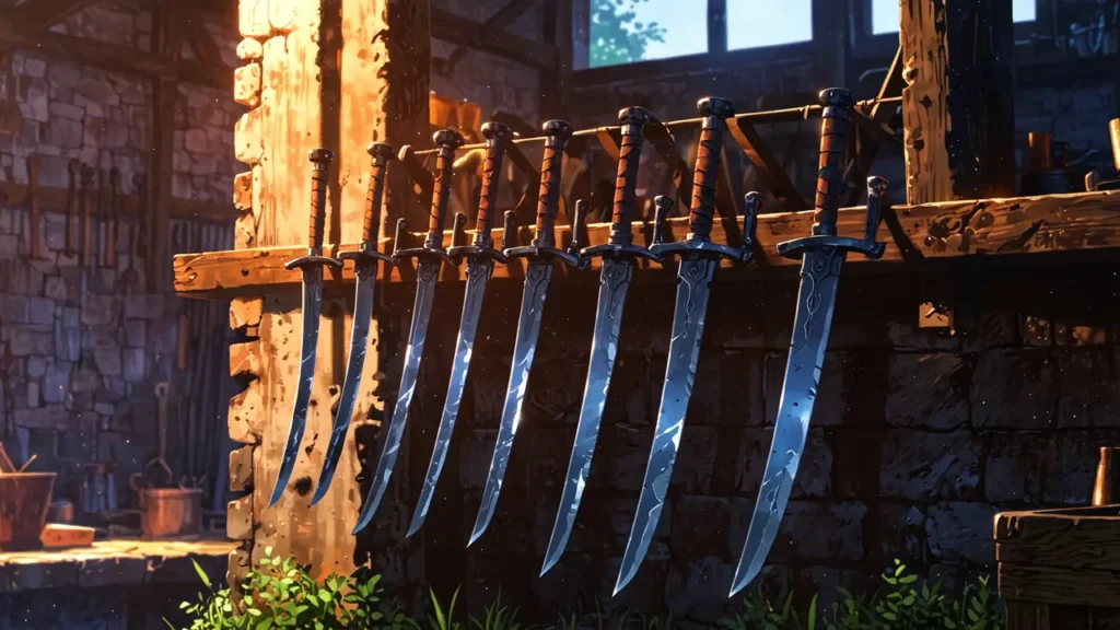 the-genius-swordsman-academy-volume-lineup-row-of-swords-on-wall