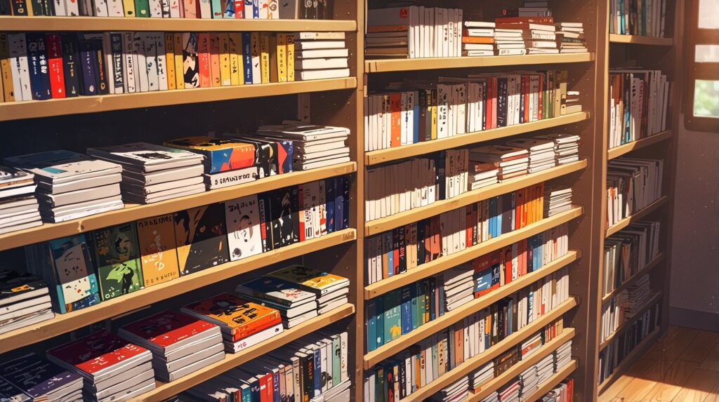 the-four-knights-of-the-apocalypse-reading-formats-bookshelf-full-of-manga-volumes
