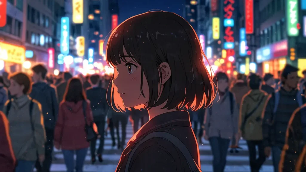 the-solo-leveling-conclusion-fan-reaction-girl-standing-in-an-illuminated-crowded-street