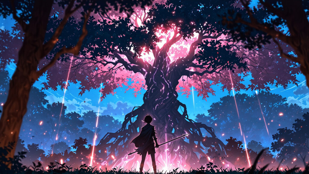the-four-knights-apocalypse-lancelot-guinevere-presence-silhouette-glowing-tree