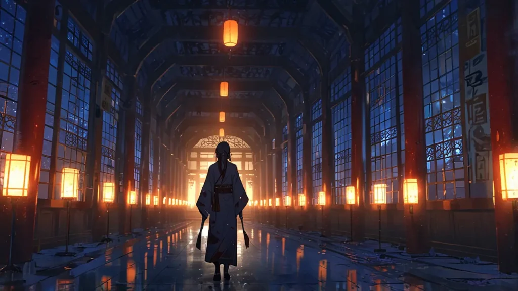 the-apothecary-diaries-novel-ending-outlook-figure-walking-down-lantern-lit-corridor
