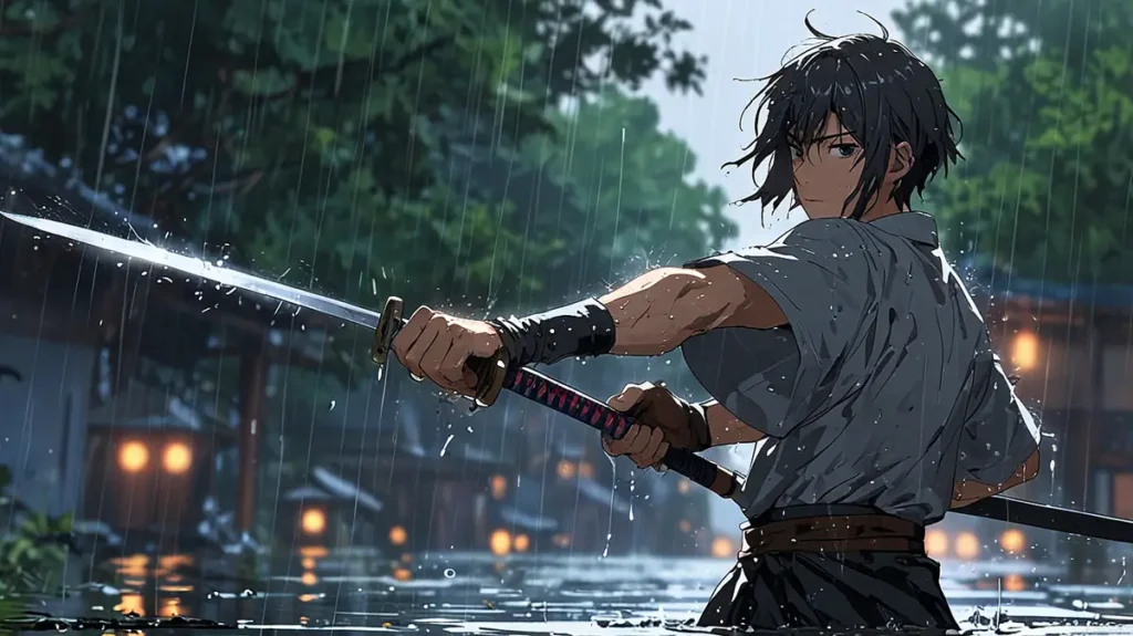 the-nihon-sangoku-author-conclusion-swordsman-practicing-in-rain