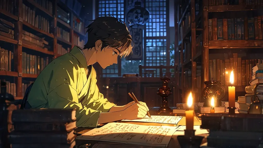 the-nihon-sangoku-manga-vs-anime-scholar-writing-among-books-and-candles