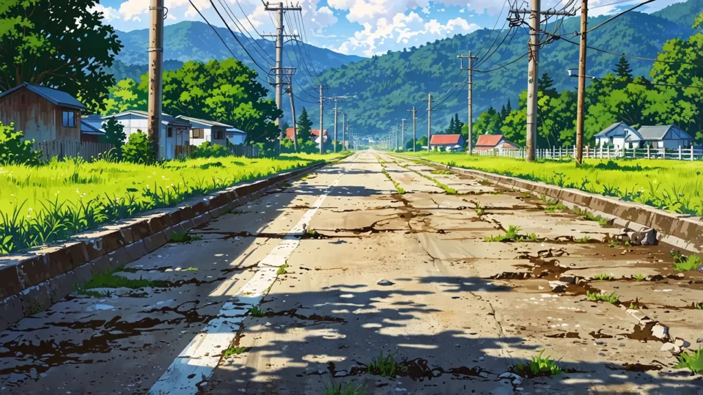 the-nihon-sangoku-motoneta-overgrown-road-in-quiet-town