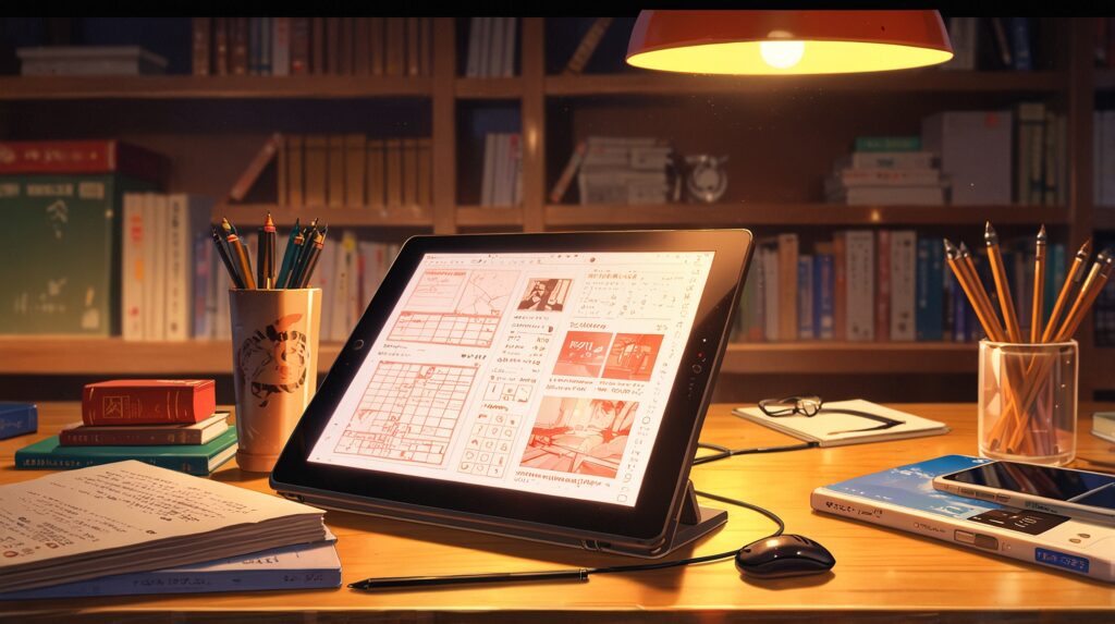 the-four-knights-of-the-apocalypse-how-to-read-original-manga-tablet-panels-desk-lamp