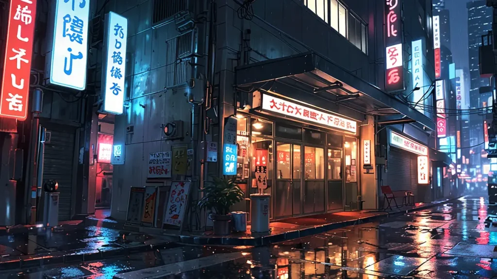 the-out-days-where-to-read-neon-lit-night-street-with-shop-fronts