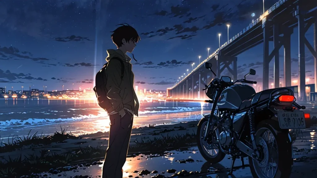 the-out-days-character-list-young-man-beside-motorcycle-at-night-riverbank