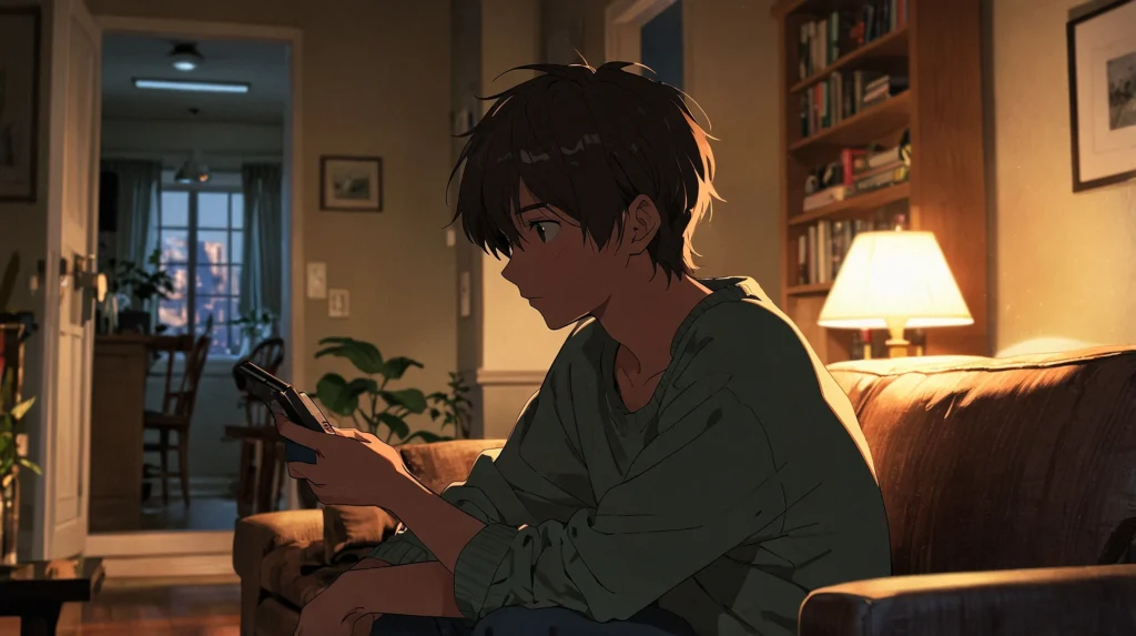 the-out-days-episode-011-and-chapter-11-man-checking-phone-on-sofa