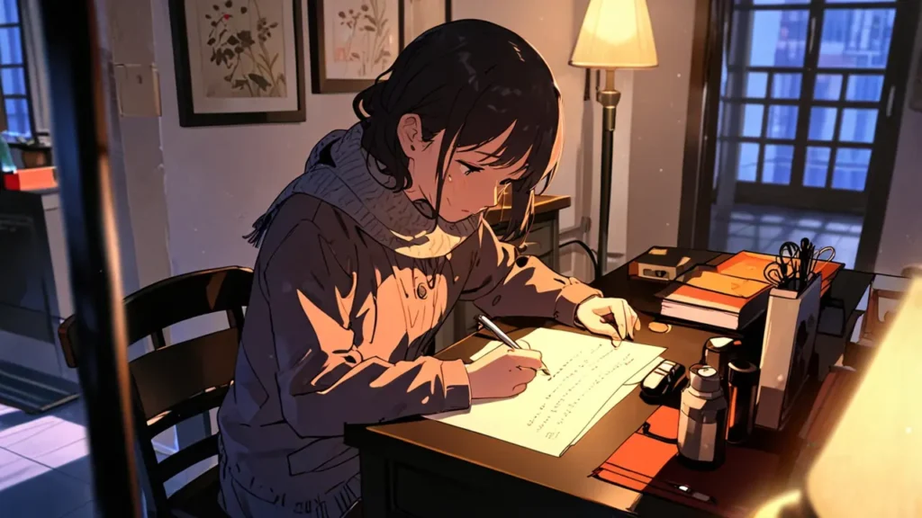 the-out-days-author-original-name-art-woman-writing-at-night-desk