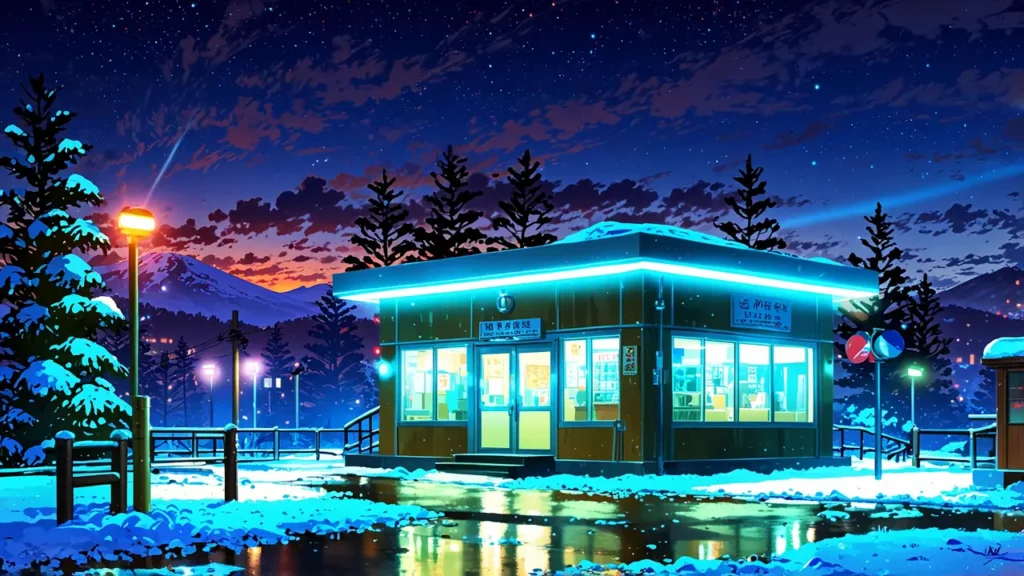 the-out-days-where-to-read-single-glowing-kiosk-on-snowy-night