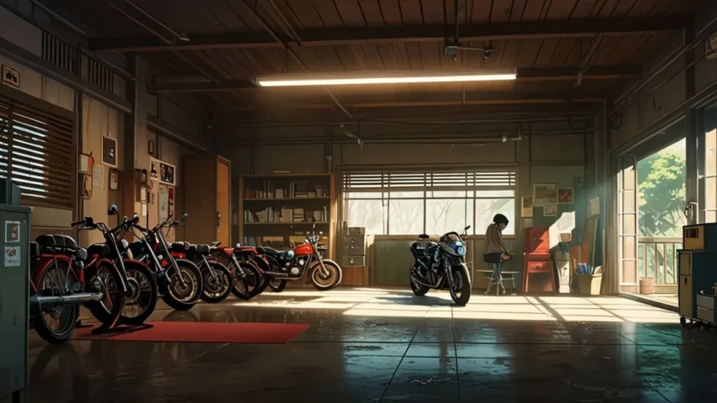 the-out-days-gokumonten-legendary-team-motorcycles-lined-up-in-garage