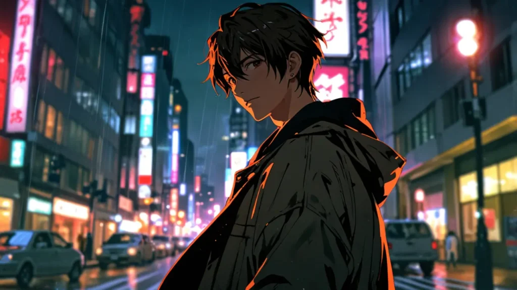 the-out-days-leader-amaharu-young-man-on-rainy-neon-street