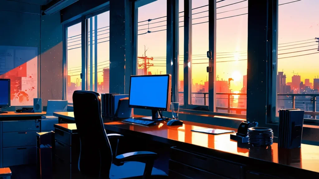 the-out-days-author-shun-illustrator-workstation-desk-at-sunset