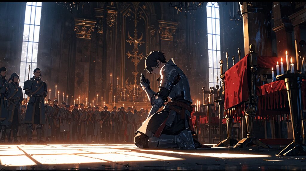 the-nihon-sangoku-dentsugu-trust-young-knight-kneeling
