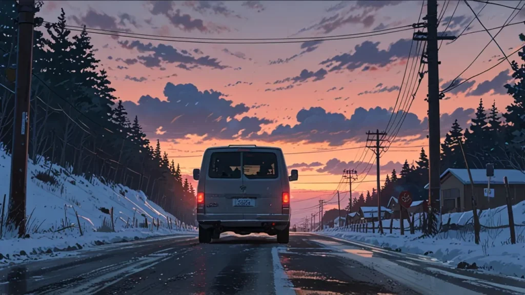 the-out-days-where-to-read-van-driving-down-snowy-road-at-dusk
