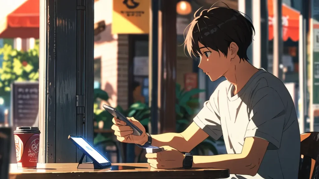 the-out-days-daily-free-episodes-man-reading-on-phone-at-cafe