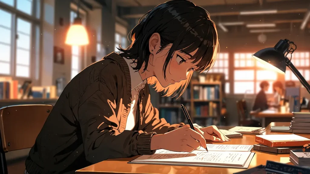 the-out-days-faq-woman-writing-notes-in-library