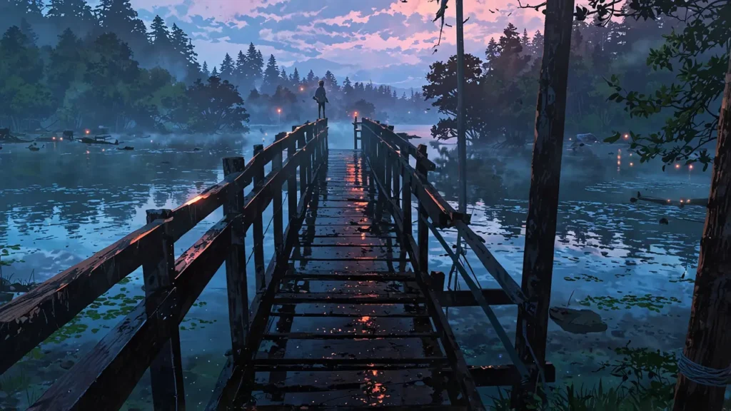 the-out-days-author-three-roles-old-wooden-bridge-over-lake