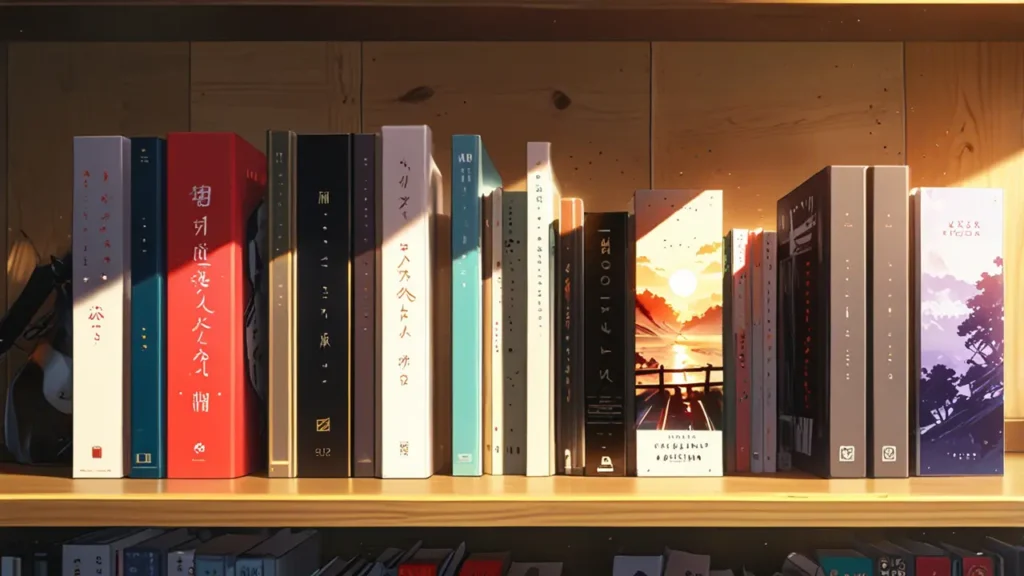 the-out-days-original-work-books-on-shelf-at-dusk