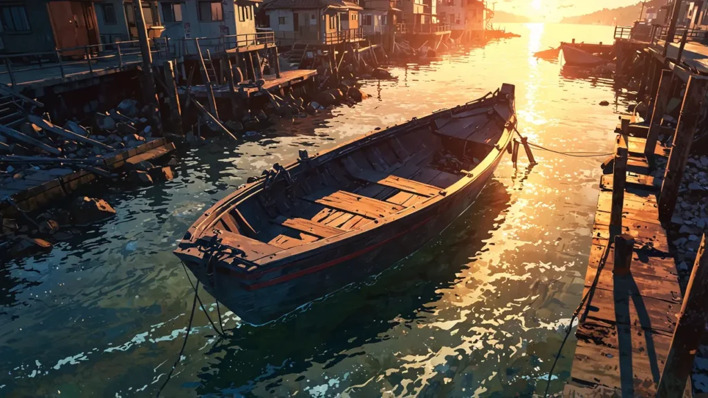 the-out-days-author-creators-sunset-over-strait-with-boat
