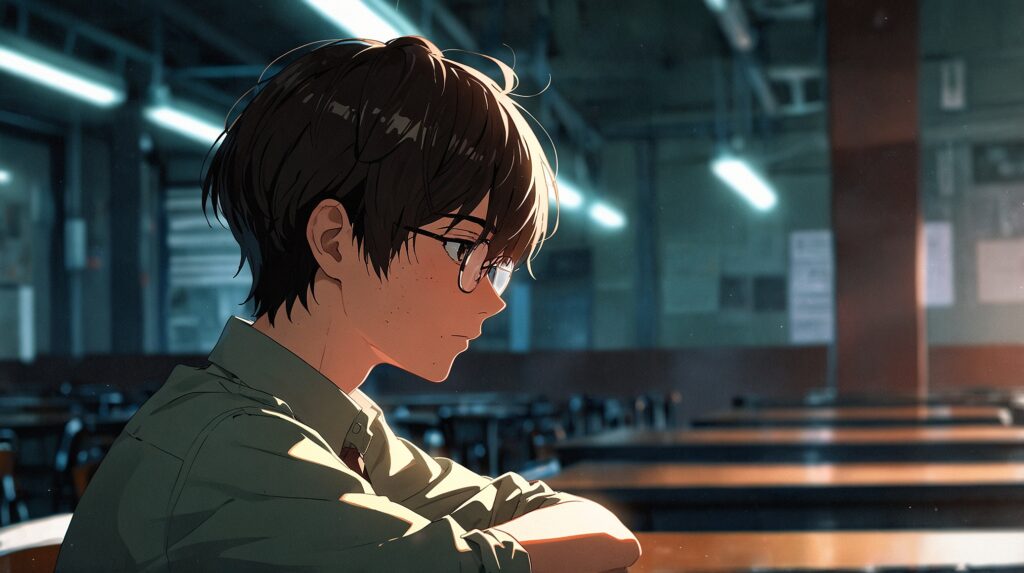 the-nihon-sangoku-overview-frowning-student-with-glasses-in-classroom