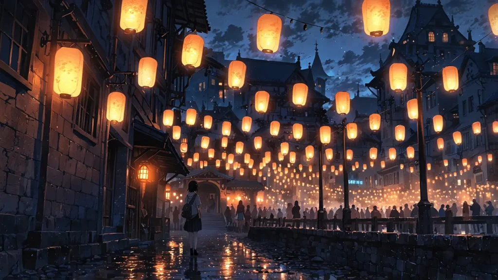 the-nihon-sangoku-characters-paper-lanterns-in-night-town
