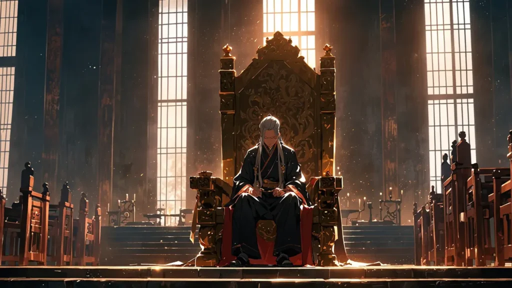 the-nihon-sangoku-reviews-elderly-ruler-on-throne-back-view