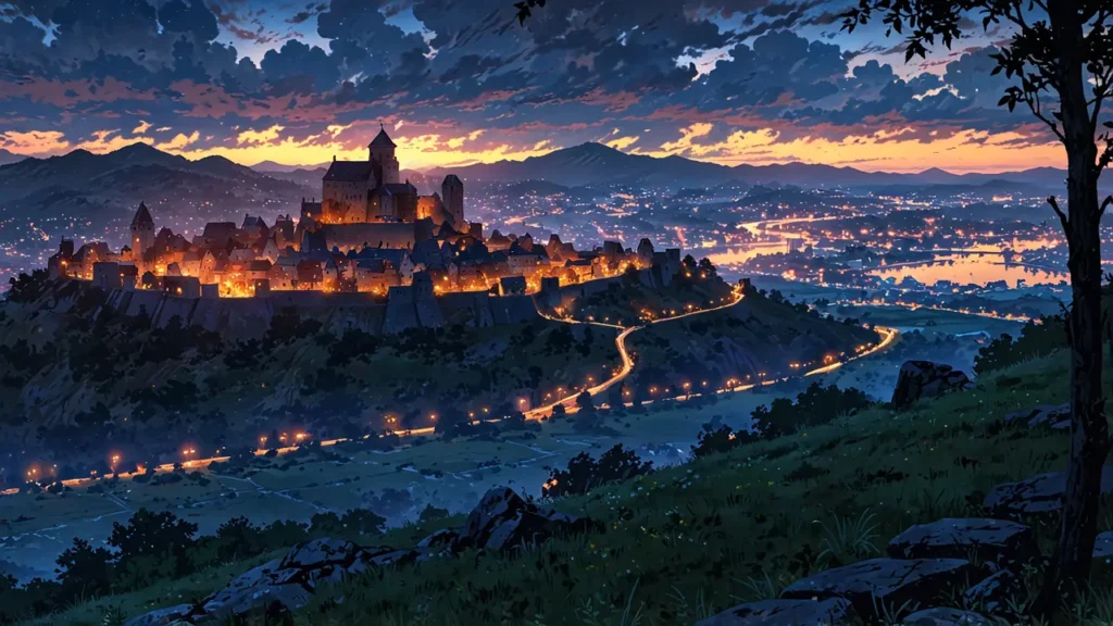 the-nihon-sangoku-wajima-ouga-hilltop-citadel-at-dusk