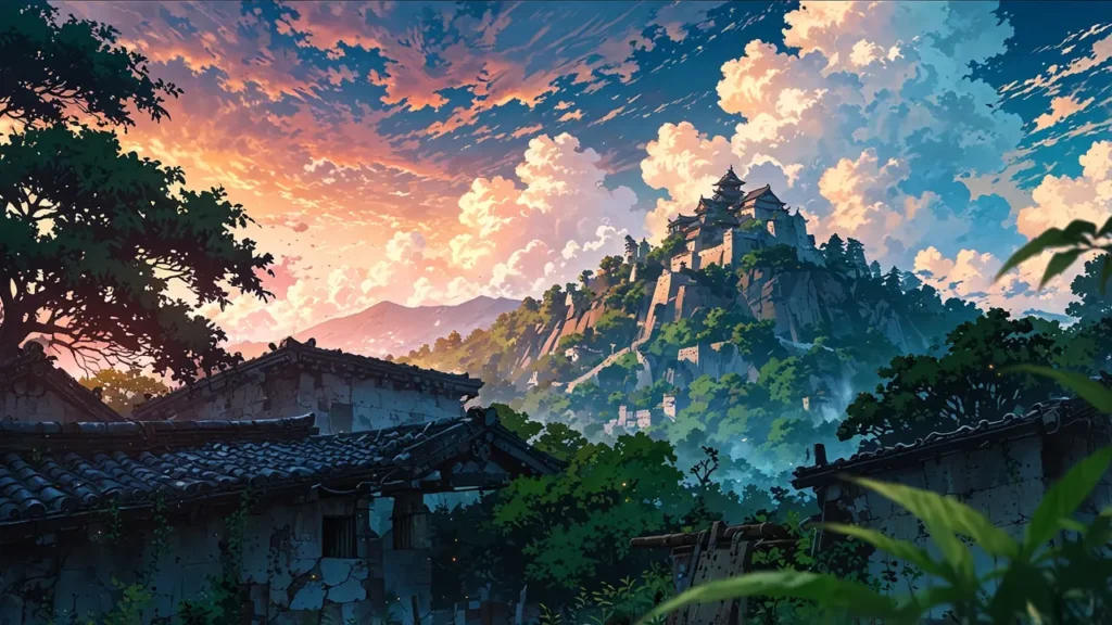 the-nihon-sangoku-overview-castle-on-mountain-overlooking-village