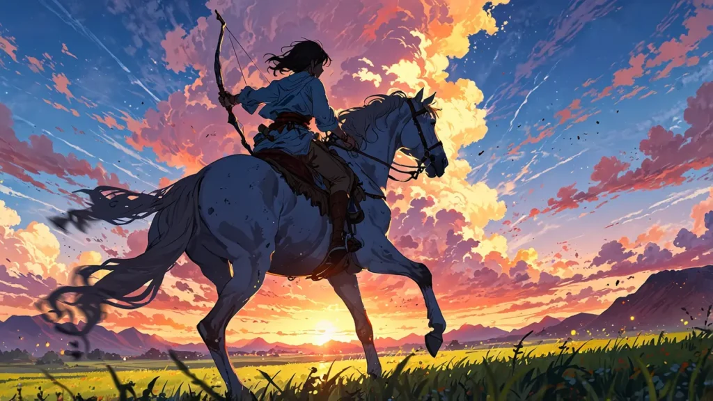 the-nihon-sangoku-denki-war-declared-rider-on-white-horse-at-sunset