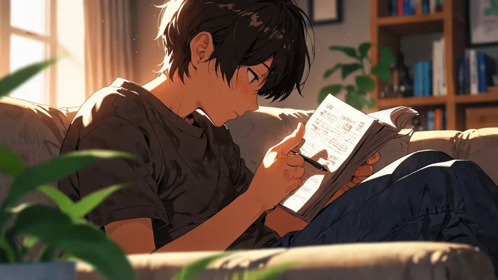 the-nihon-sangoku-overview-young-reader-absorbed-in-book-on-sofa