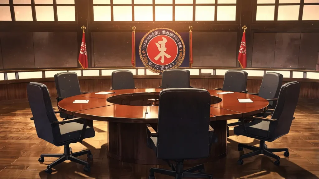 the-nihon-sangoku-overview-empty-round-negotiation-table-with-flags