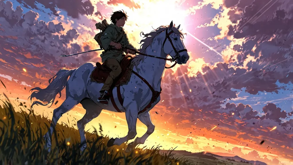 the-nihon-sangoku-wajima-ouga-rider-on-white-horse-at-sunset