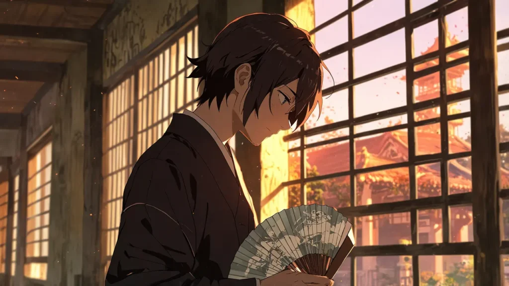 the-nihon-sangoku-kaku-yasuaki-top-strategist-in-profile-holding-a-folding-fan