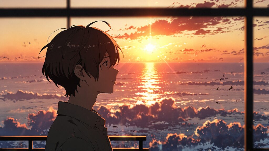 the-nihon-sangoku-kaku-yasuaki-survival-theory-young-man-slowly-opening-eyes-at-sunset
