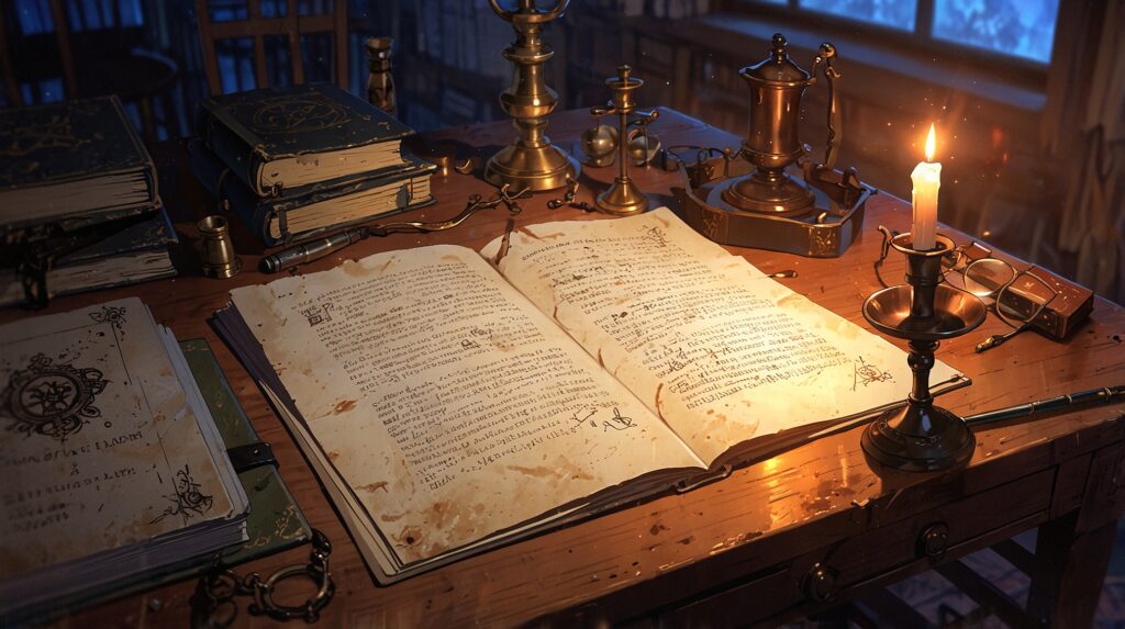 the-nihon-sangoku-kaku-yasuaki-manga-volumes-old-book-and-quill-by-candlelight