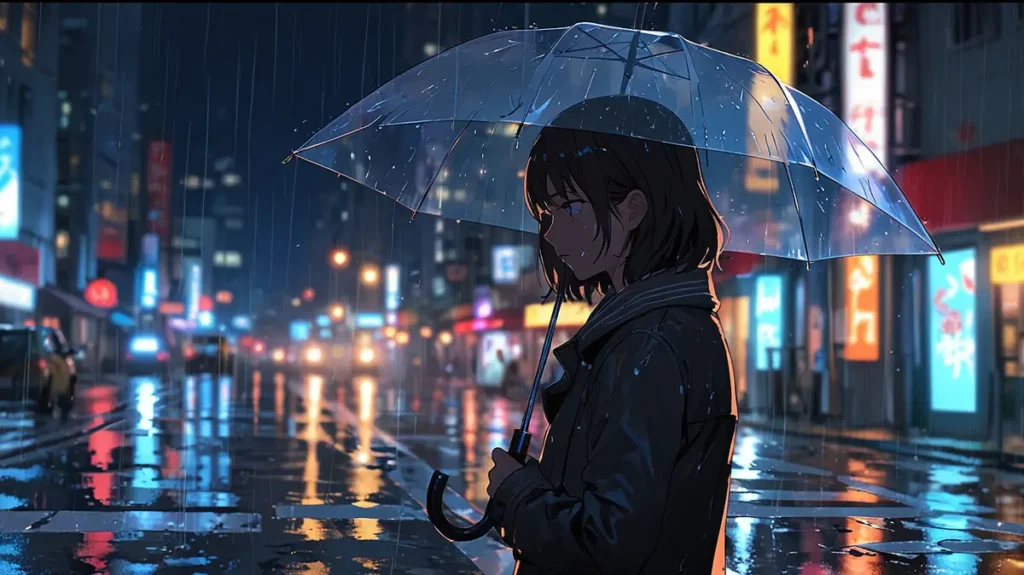 the-office-girl-ending-woman-with-clear-umbrella-in-rainy-neon-street
