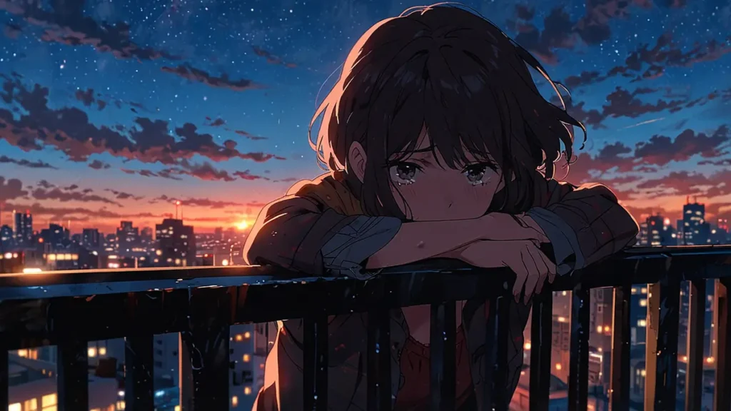 the-office-girl-sad-ending-reaction-person-leaning-on-railing-at-dusk
