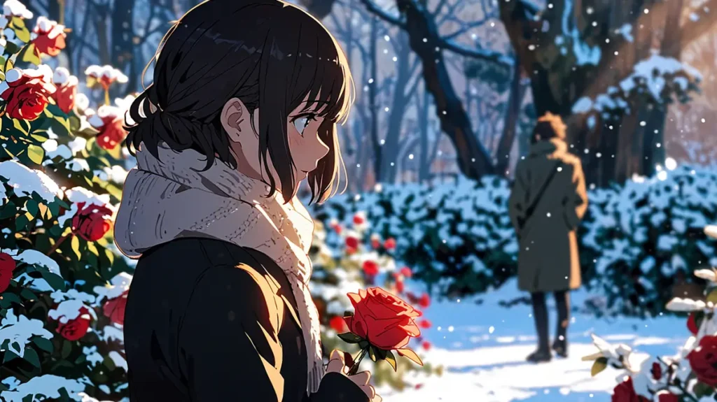 the-office-girl-two-years-later-reunion-woman-in-snowy-rose-garden