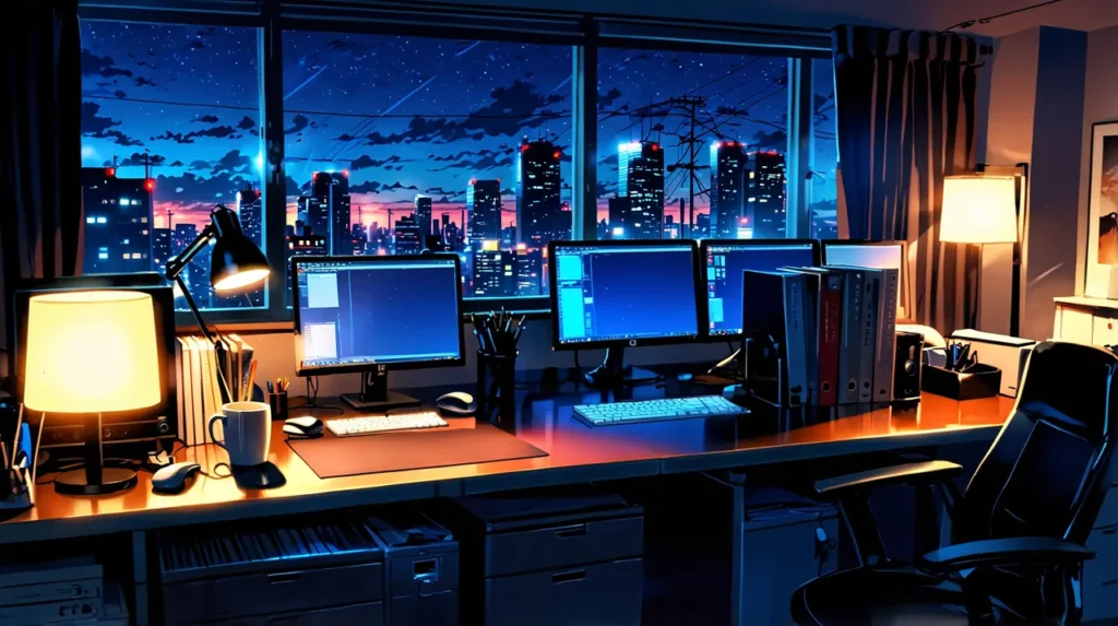 the-office-girl-origin-online-post-night-office-floor-with-monitors