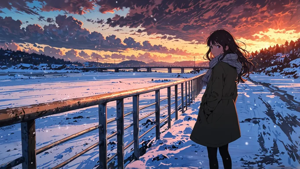the-office-girl-summary-woman-standing-on-frozen-bridge-at-sunset
