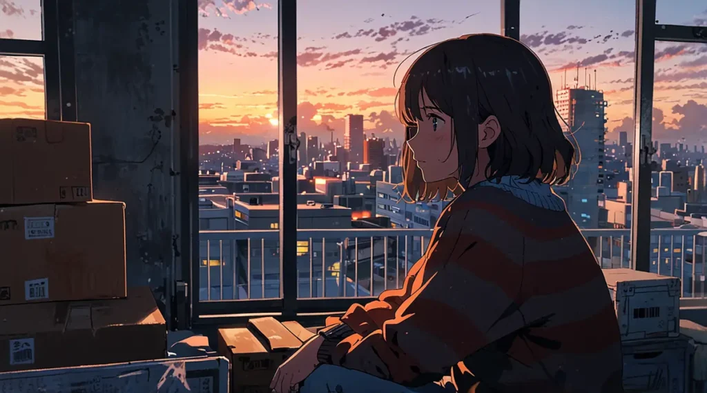 the-office-girl-legal-routes-woman-looking-out-window-at-dusk-city