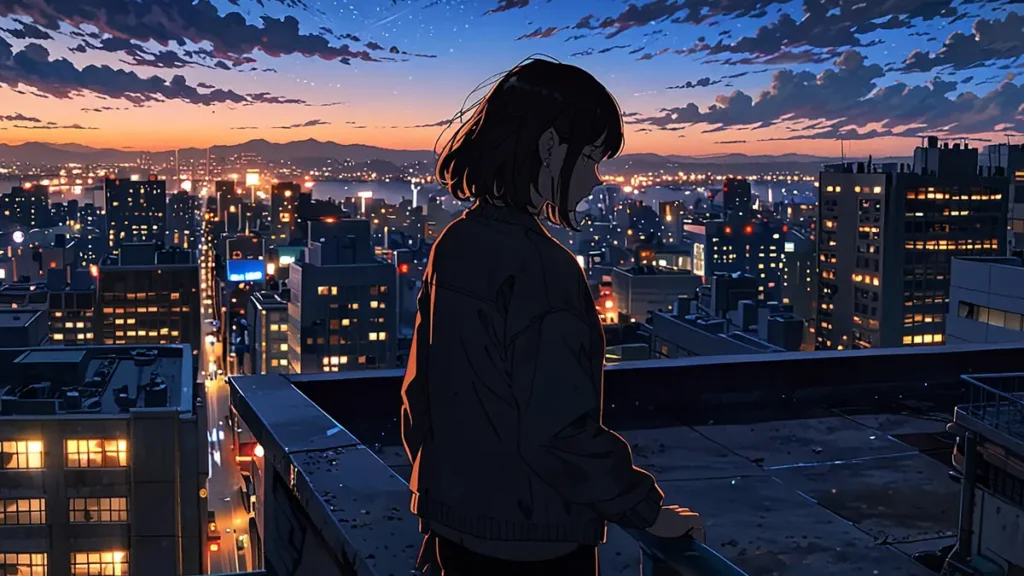the-office-girl-summary-woman-on-rooftop-overlooking-dusk-city