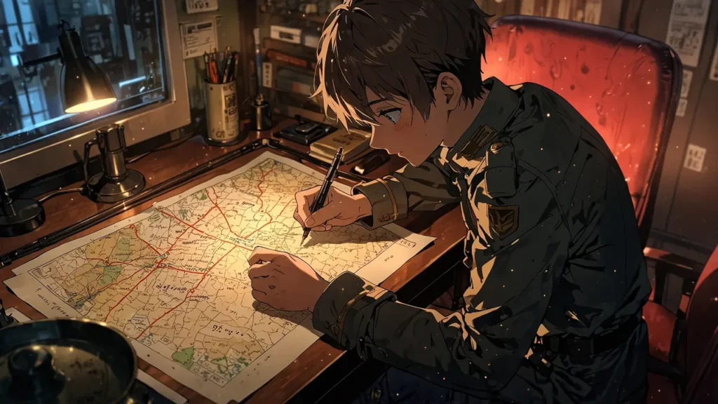 the-nihon-sangoku-status-strategist-writing-at-map-desk