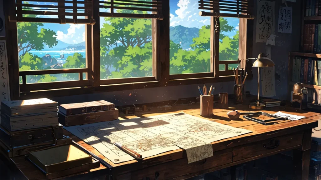 the-nihon-sangoku-status-desk-with-old-map-and-brush