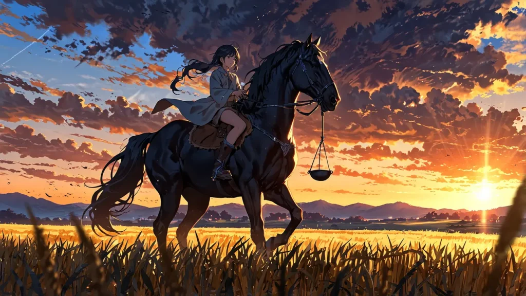the-nihon-sangoku-ryumon-koei-career-history-rider-on-black-horse-at-sunset
