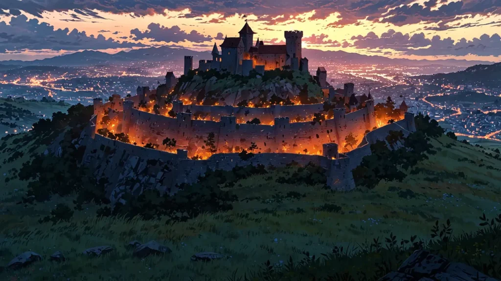 the-nihon-sangoku-ryumon-koei-empty-castle-stratagem-medieval-fortress-on-hill-at-dusk