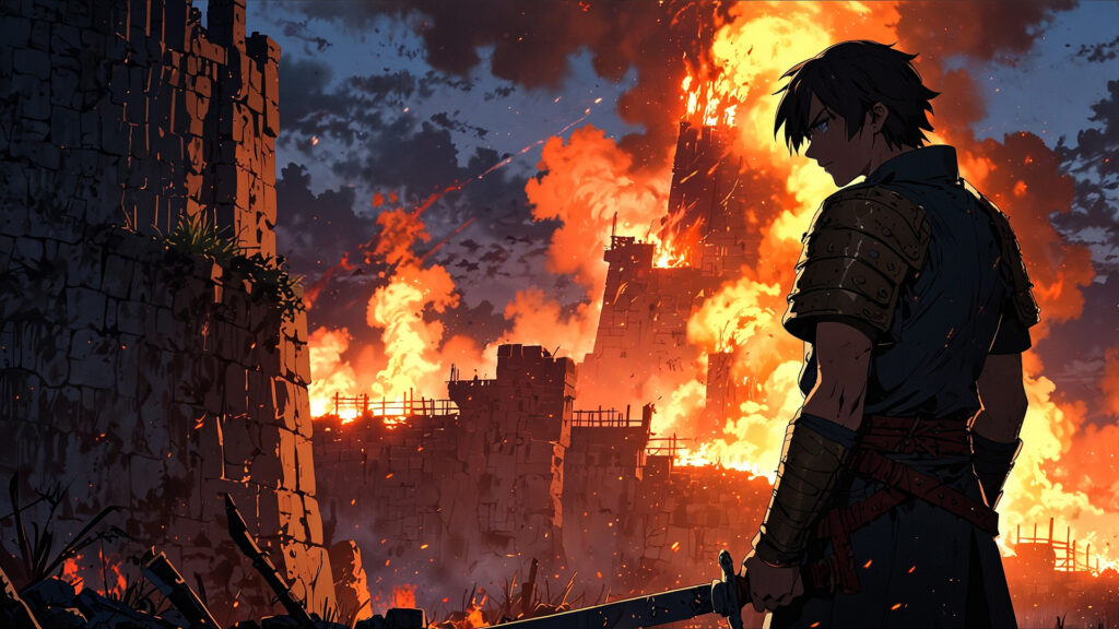 the-nihon-sangoku-ryumon-koei-manga-volumes-warrior-with-broken-sword-in-burning-ruins