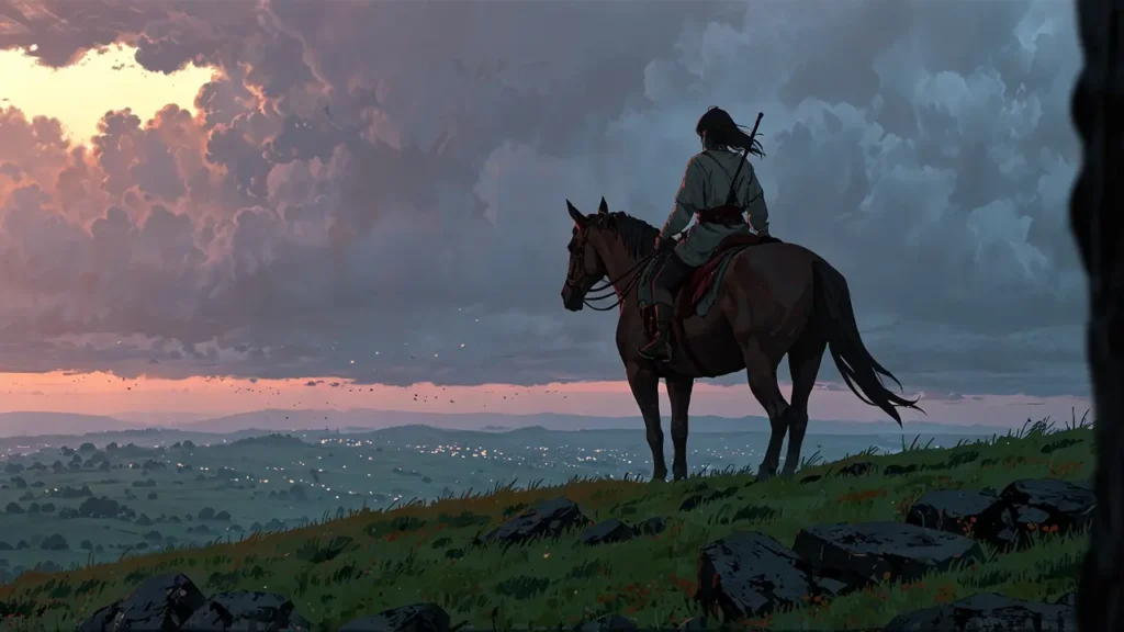 the-nihon-sangoku-latest-chapter-rider-on-hill-at-dusk